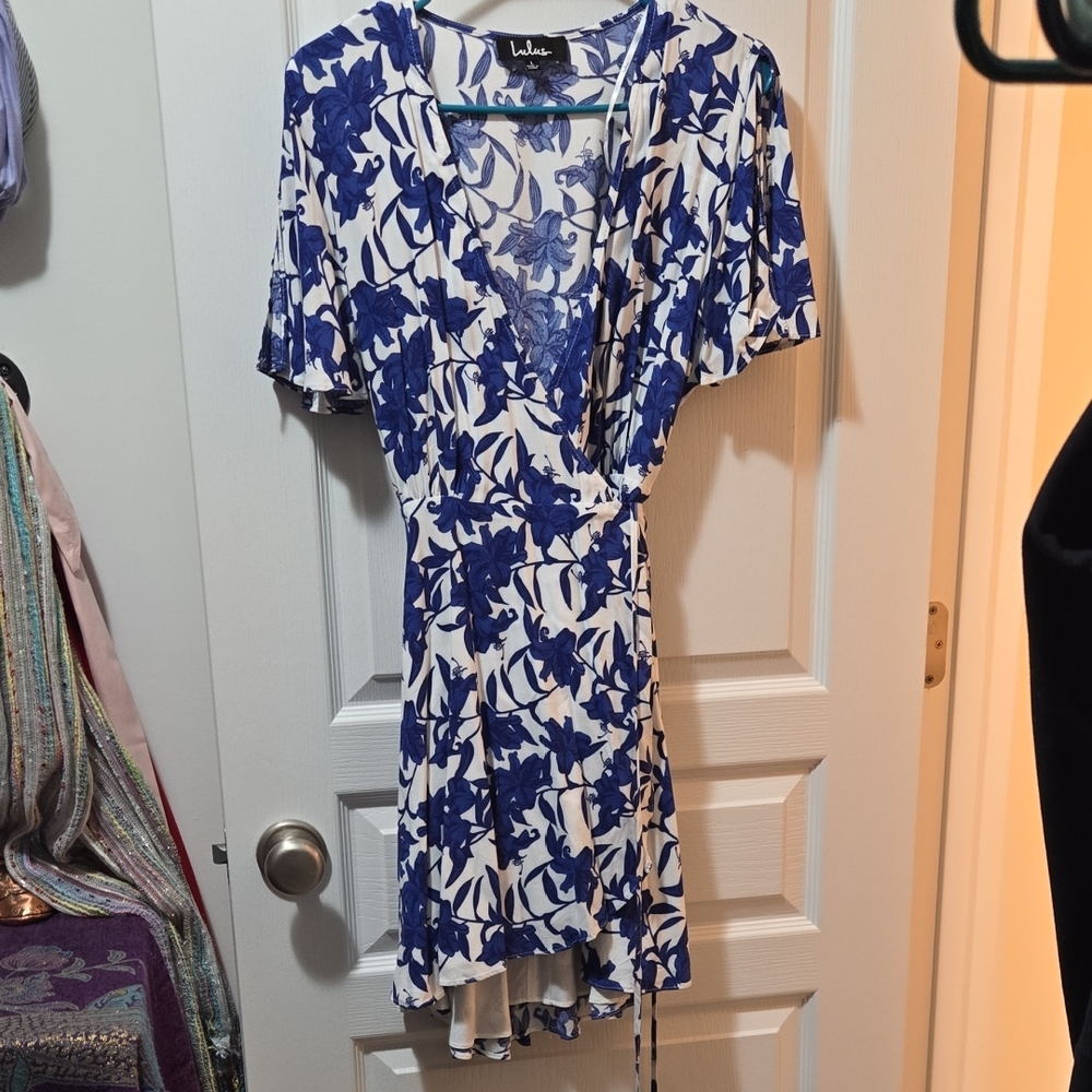 Lulu's White and Blue Floral High Low Dress